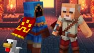 A hero sporting the Hero Cape as well as the baby chicken pet (Image via Mojang).